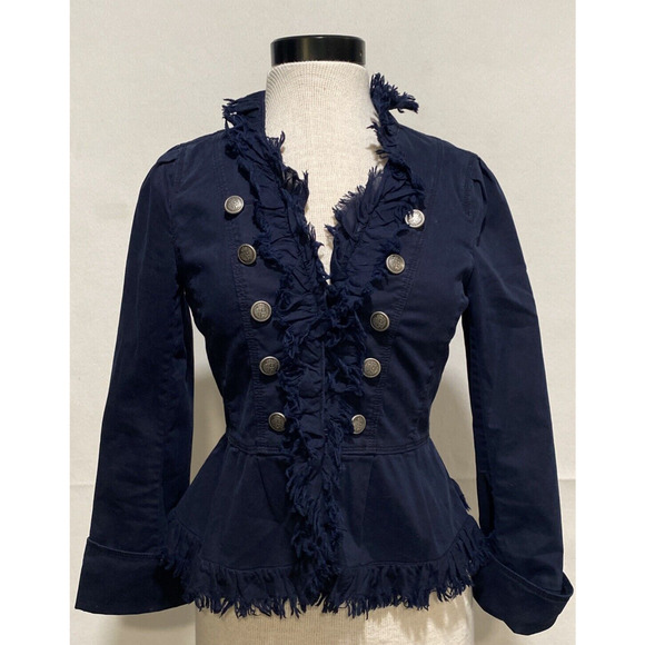 Ann Taylor Loft Women's 2 Navy Military Style Ruffle Fringe Hook Front‎ Jacket - Picture 1 of 10